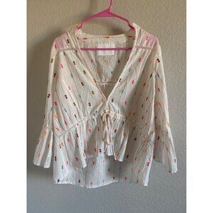 Vacate the Label Colorful Embroidered Boho Long Sleeve V Neck Peasant Blouse